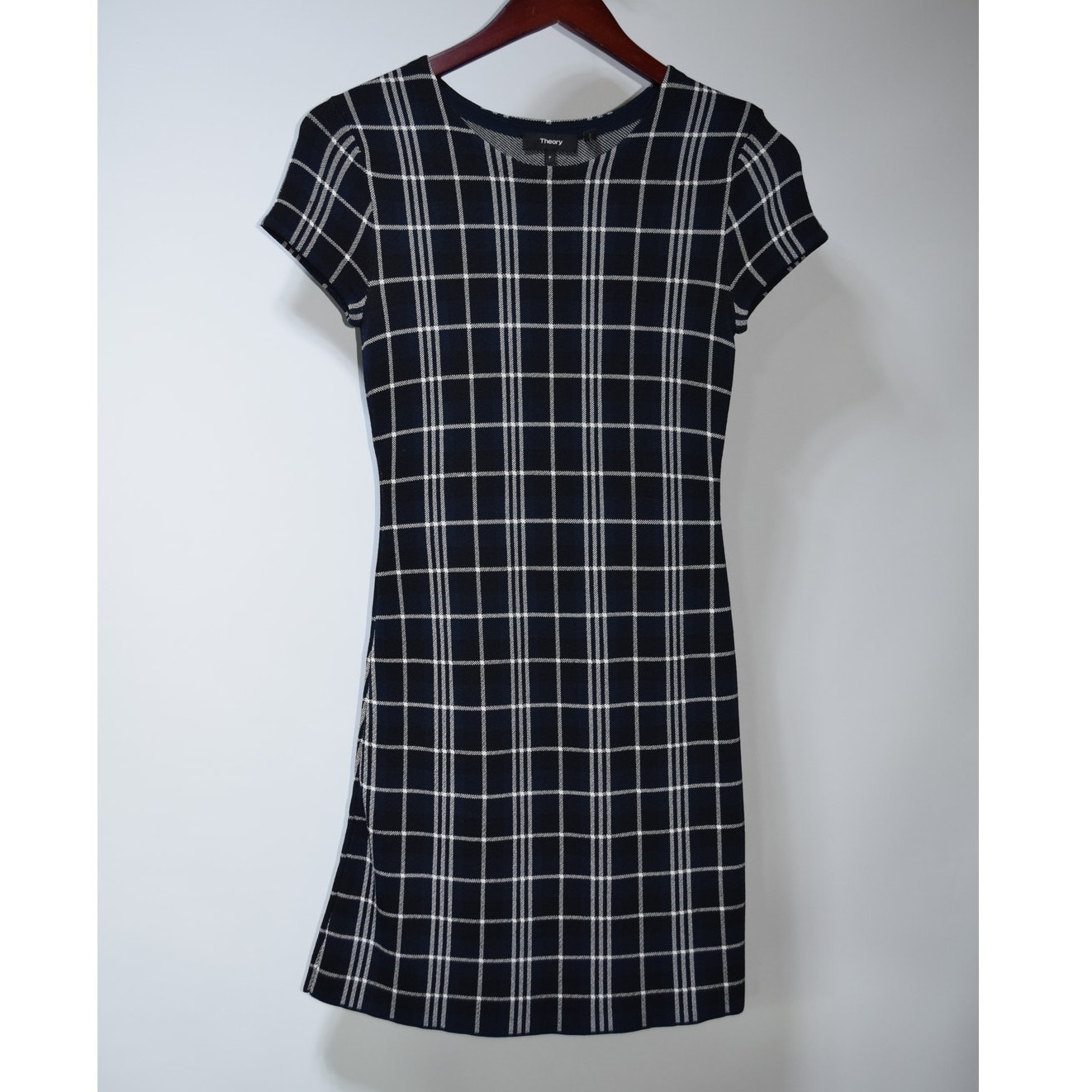 Theory Branteen Jp Lustrate Windowpane Plaid Dress Navy White Cap Sleeve Xs